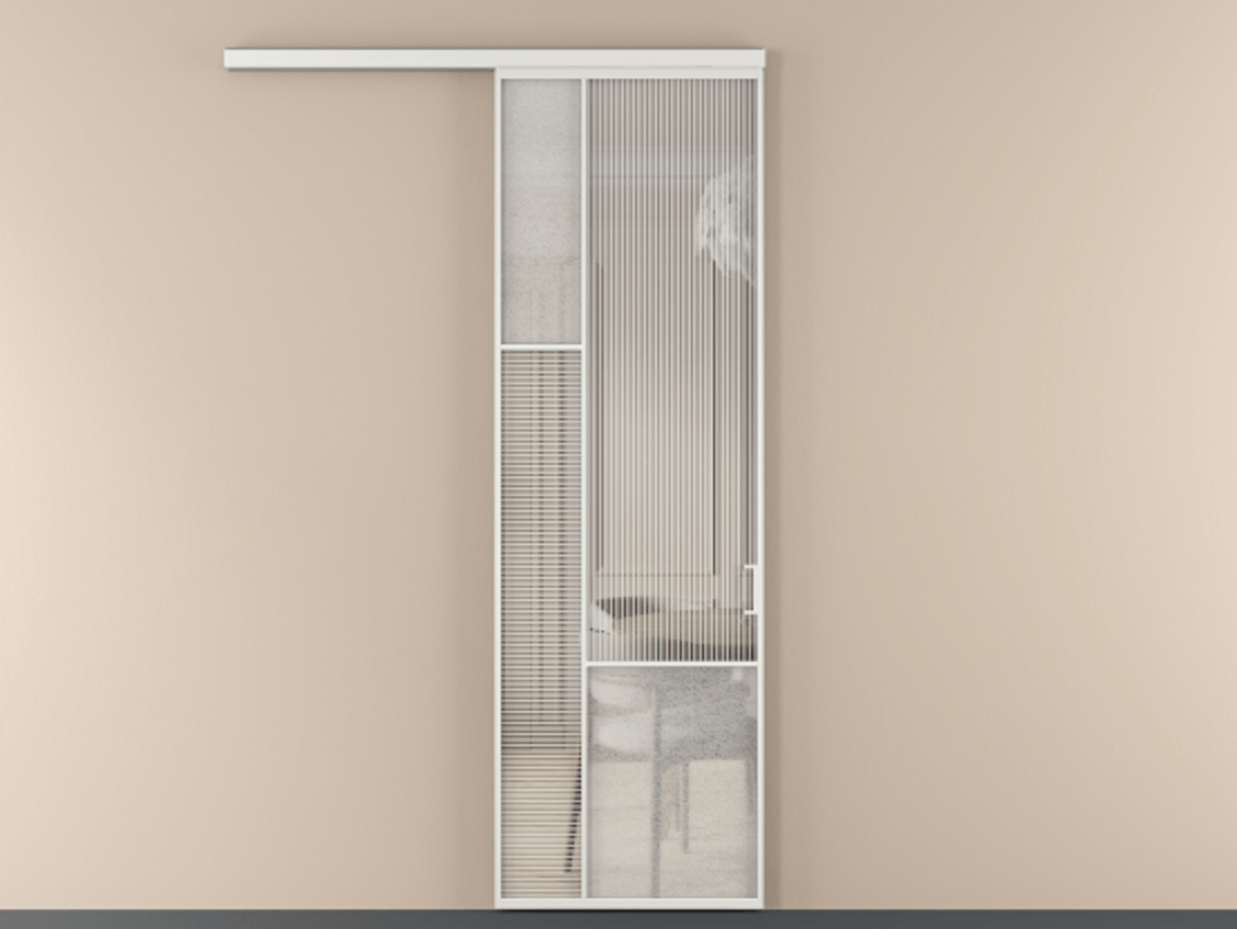 Перегородка Mosaic вдоль стены 1 створка АЛПР 041.13 Алюминий белоснежный Рифлёное стекло "Дюна", триплекс, 6 мм + Фактурное стекло "Лёд", триплекс Цена 211160 сом | Volhovec