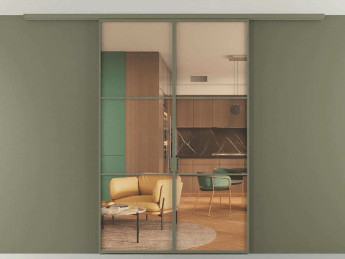 Перегородка Формато вдоль стены на потолок 2 створки АЛПР 040.03 Алюминий оливковый тёмный Прозрачное оранжевое стекло, триплекс Цена 283740 сом | Volhovec