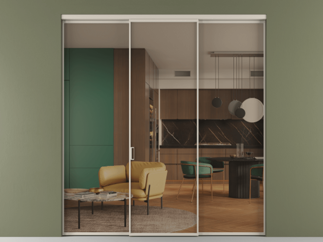 Перегородка Formato внутри проёма 3 створки АЛПР 040.01 Алюминий светло-бежевый Прозрачное бронзовое стекло, триплекс Цена 327780 сом | Volhovec