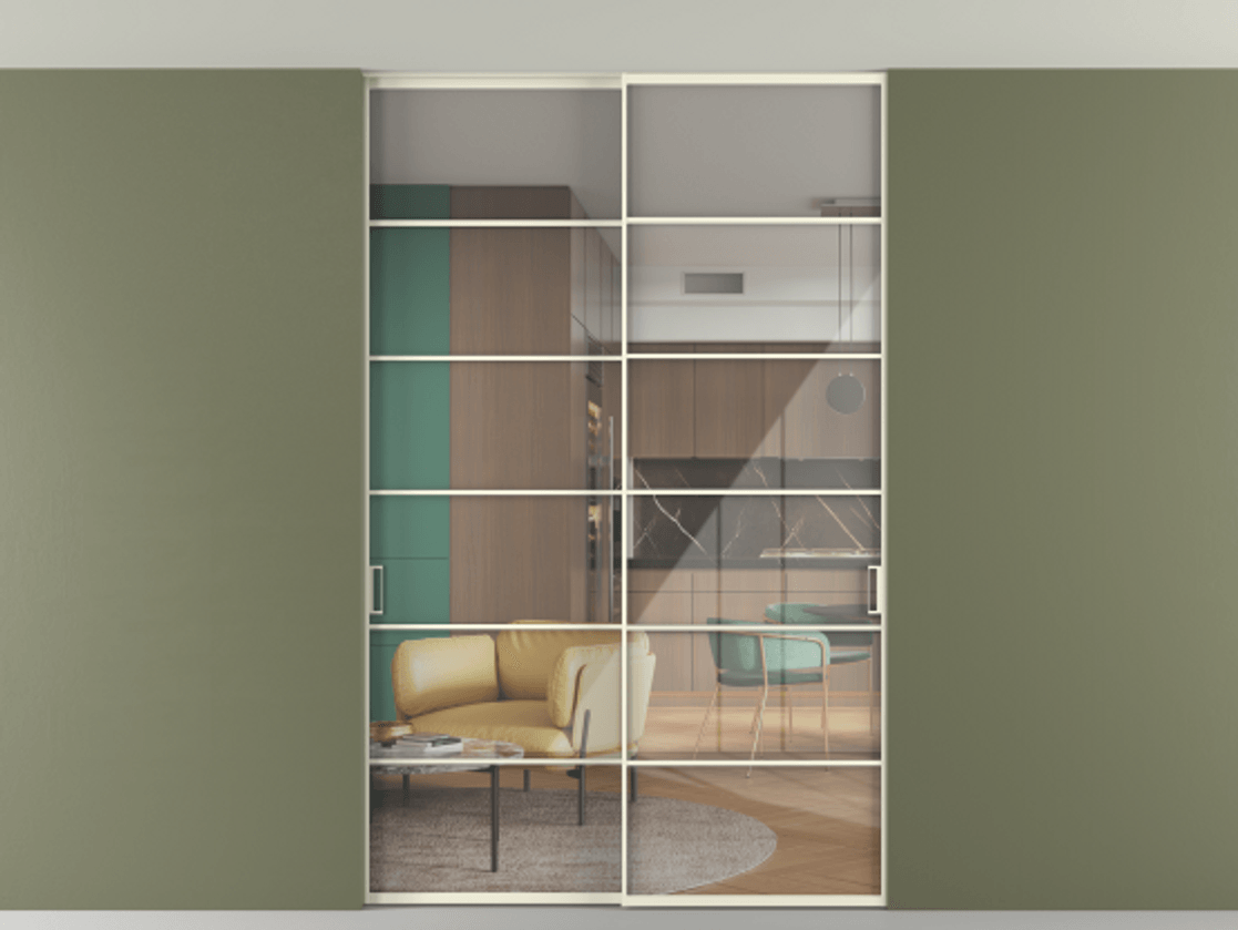 Перегородка Формато внутри проёма скрытое крепление в потолок 2 створки АЛПР 040.04 Алюминий молочно-белый Рефлективное прозрачное стекло "Стопсол", калёное Цена 469820 сом | Volhovec