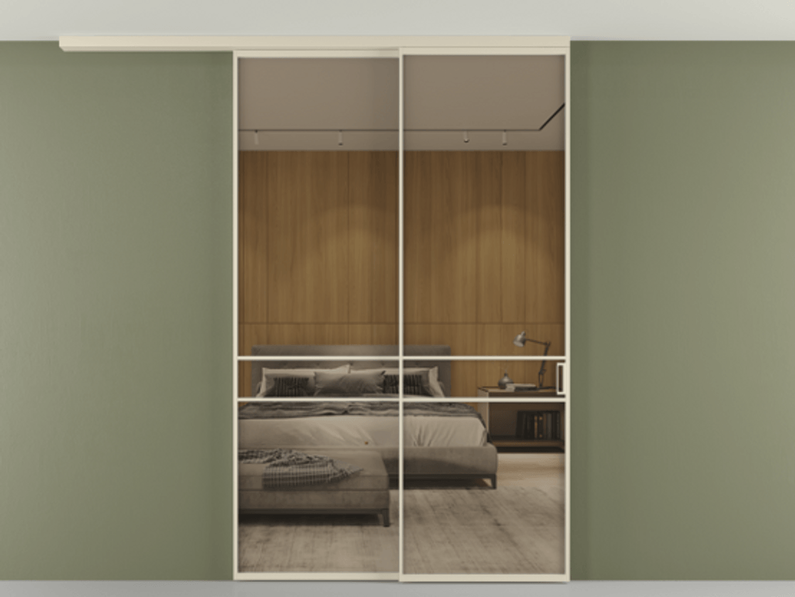 Перегородка Формато вдоль стены на потолок 2 створки с синхронным механизмом АЛПР 040.02 Алюминий бежево-серый Рефлективное бронзовое стекло "Стопсол", калёное Цена 476140 сом | Volhovec