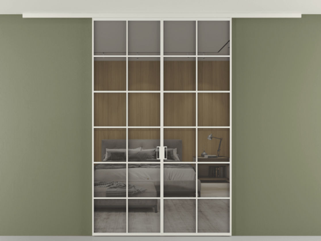 Перегородка Формато вдоль стены на потолок 2 створки АЛПР 040.05 Алюминий Белый Рефлективное серое стекло "Стопсол", калёное Цена 365720 сом | Volhovec