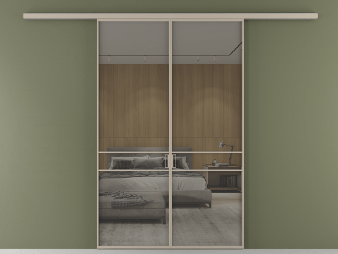 Перегородка Формато вдоль стены 2 створки АЛПР 040.02 Алюминий бисквитный Рефлективное серое стекло "Стопсол", калёное Цена 362540 сом | Volhovec