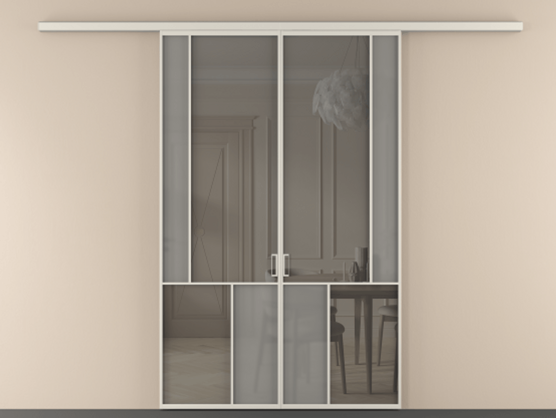 Перегородка Мозаик вдоль стены 2 створки АЛПР 041.21 Алюминий облачно-серый Сатинированное серое стекло, триплекс, 6 мм + Прозрачное серое стекло, триплекс Цена 385640 сом | Volhovec