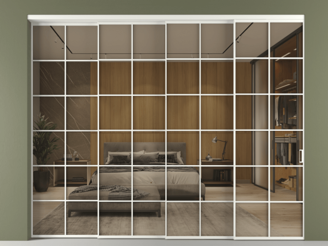 Перегородка Формато внутри проёма 4 створки с синхронным механизмом АЛПР 040.05 Алюминий светло-серый Рефлективное бронзовое стекло "Стопсол", калёное Цена 748790 сом | Volhovec