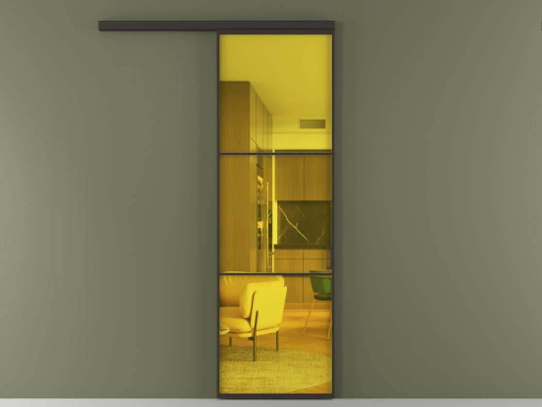 Перегородка Формато вдоль стены 1 створка АЛПР 040.03 Алюминий антрацит Прозрачное жёлтое стекло, триплекс Цена 154450 сом  | Volhovec