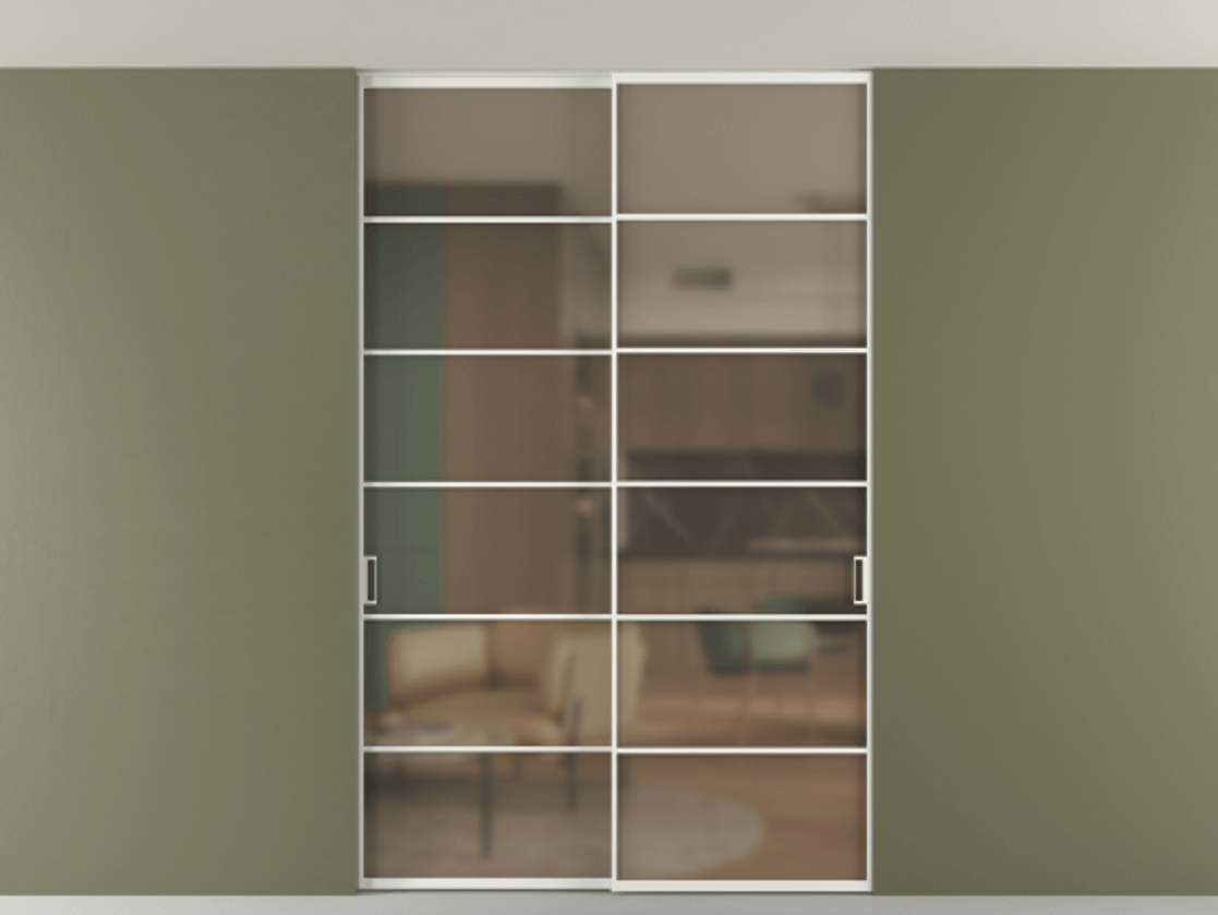 Перегородка Формато внутри проёма скрытое крепление в потолок 2 створки АЛПР 040.04 Алюминий светло-серый Сатинированное бронзовое стекло, триплекс Цена 380140 сом | Volhovec