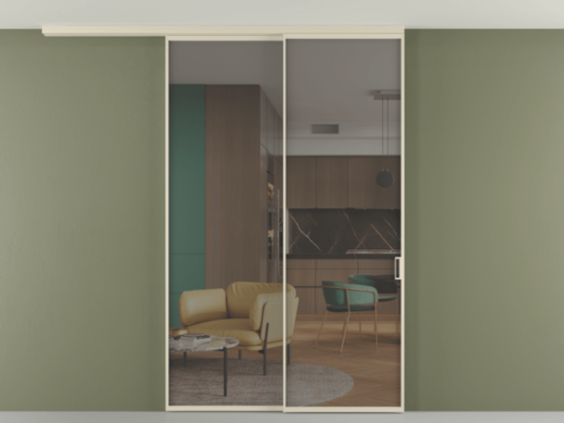 Перегородка Формато вдоль стены на потолок 2 створки с синхронным механизмом АЛПР 040.01 Алюминий бежево-серый Прозрачное серое стекло, триплекс Цена 435550 сом | Volhovec