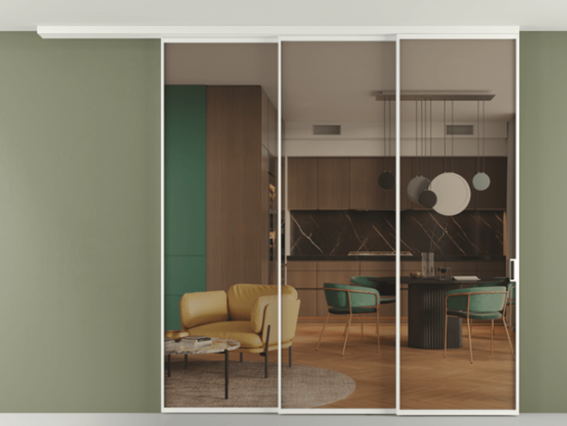 Перегородка Формато вдоль стены на потолок 3 створки с синхронным механизмом АЛПР 040.01 Алюминий светло-серый Прозрачное бронзовое стекло, триплекс Цена 556350 сом | Volhovec