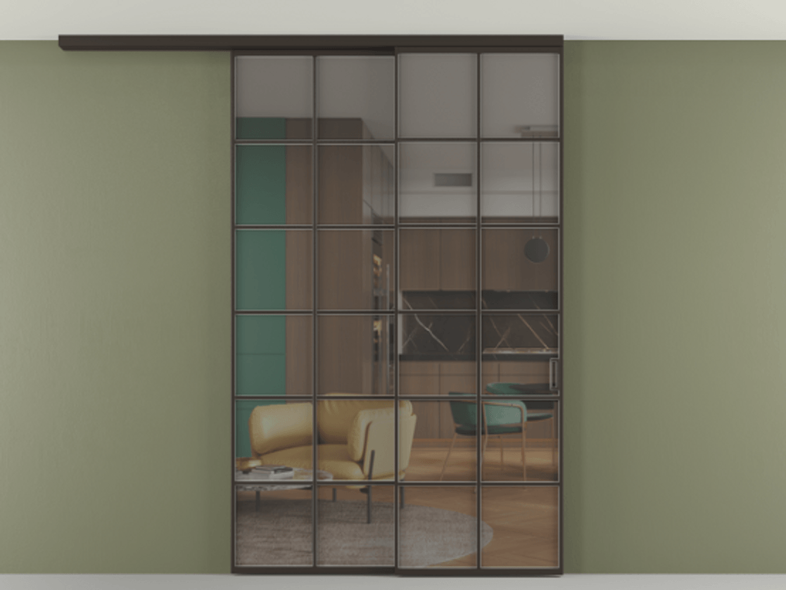 Перегородка Формато вдоль стены на потолок 2 створки с синхронным механизмом АЛПР 040.05 Алюминий антрацит Прозрачное серое стекло, триплекс Цена 424720 сом | Volhovec