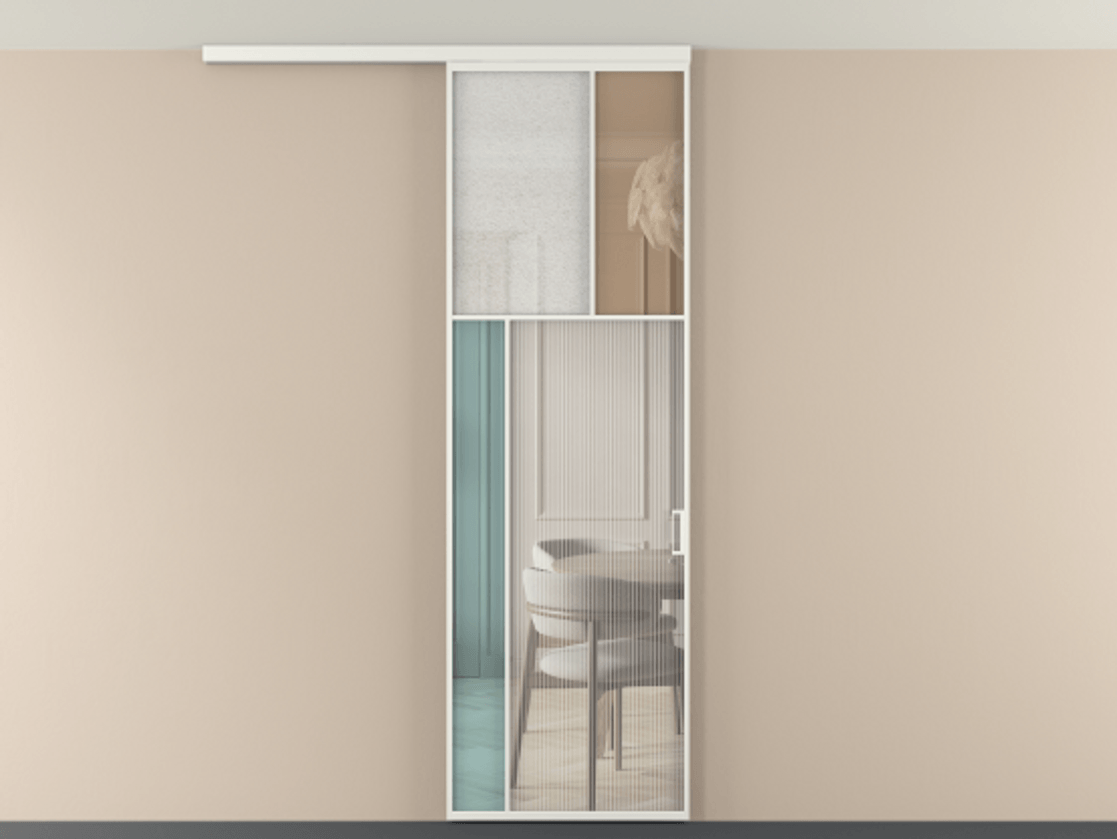 Перегородка Мозаик вдоль стены на потолок 1 створка АЛПР 041.22 Алюминий светло-серый Комбинация стекол Группы 1 и Группы 3 Цена 205350 сом | Volhovec