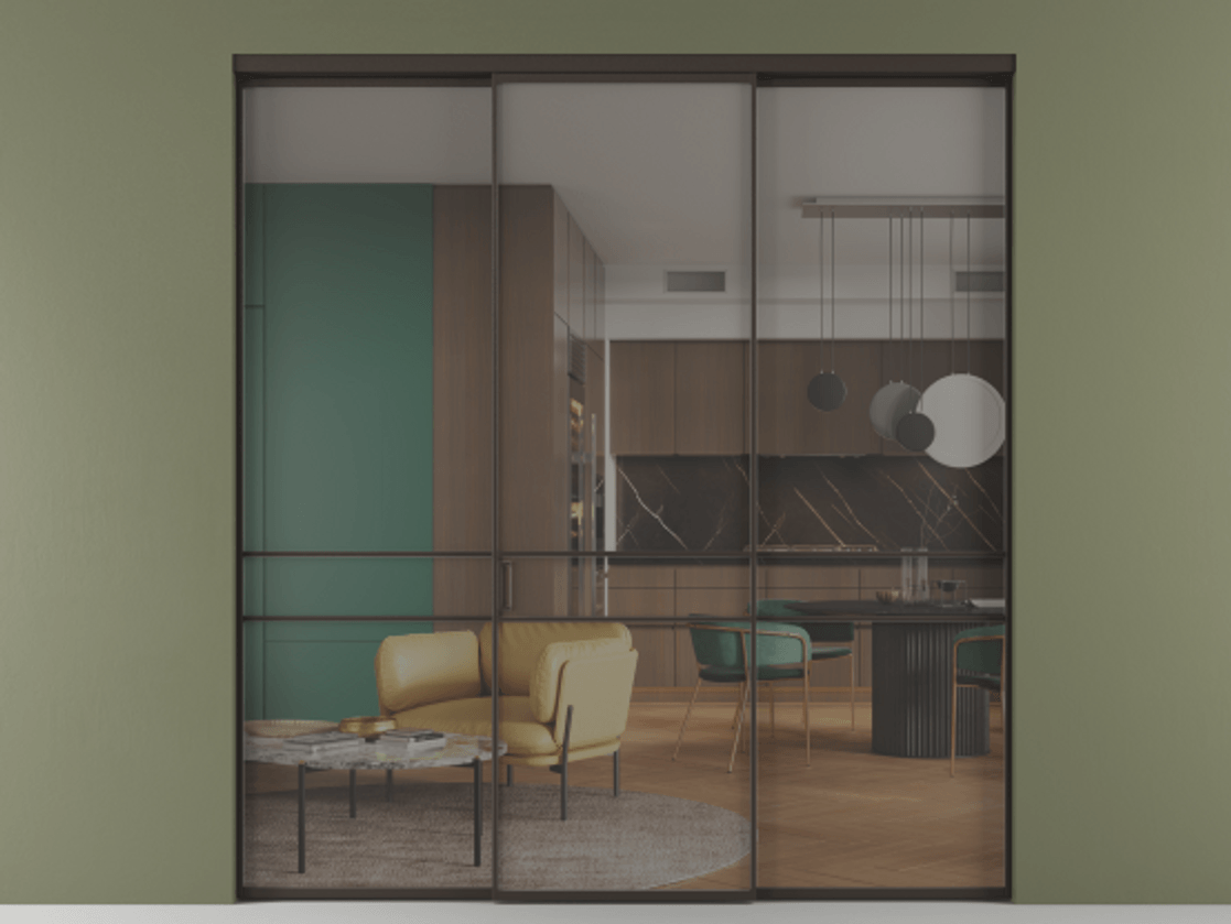 Перегородка Формато внутри проёма 3 створки АЛПР 040.02 Алюминий антрацит Рефлективное серое стекло "Стопсол", калёное Цена 462430 сом | Volhovec