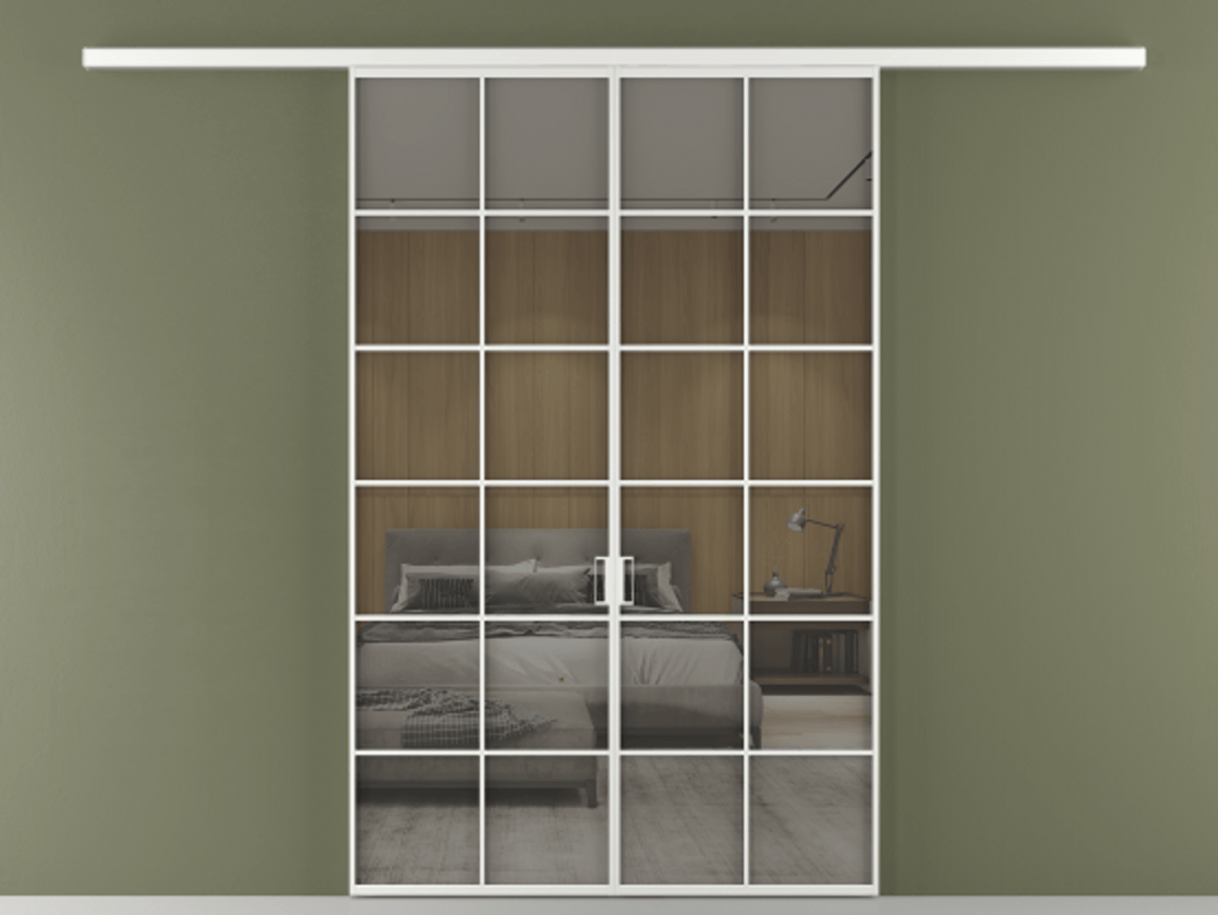 Перегородка Formato вдоль стены 2 створки АЛПР 040.05 Алюминий белоснежный Рефлективное серое стекло "Stopsol", калёное Цена 385260 сом | Volhovec