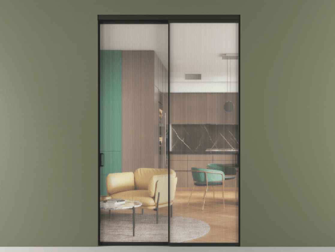 Перегородка Формато внутри проёма 2 створки АЛПР 040.01 Алюминий Черный Рифлёное стекло "Мору", триплекс Цена 594990 сом  | Volhovec