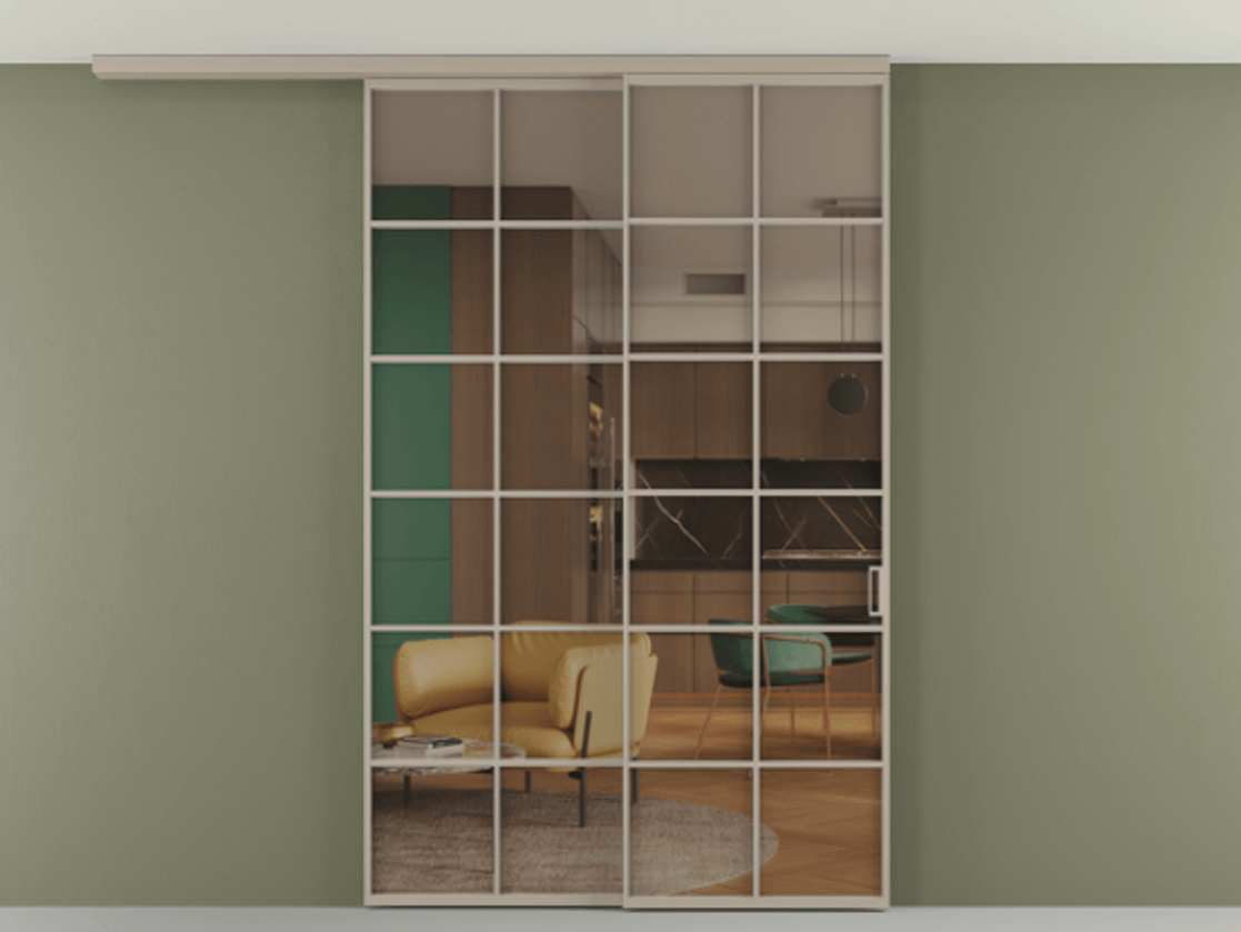 Перегородка Формато вдоль стены на потолок 2 створки с синхронным механизмом АЛПР 040.05 Алюминий бисквитный Прозрачное бронзовое стекло, триплекс Цена 424720 сом | Volhovec