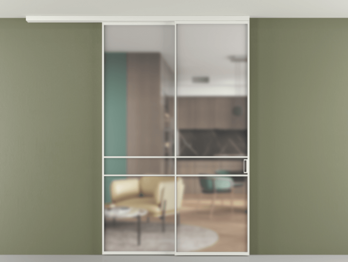 Перегородка Формато вдоль стены на потолок 2 створки с синхронным механизмом АЛПР 040.02 Алюминий светло-серый Сатинированное стекло "Мателюкс Кристал Вижн", калёное, матовое, каленое 6 мм Цена 476140 сом | Volhovec