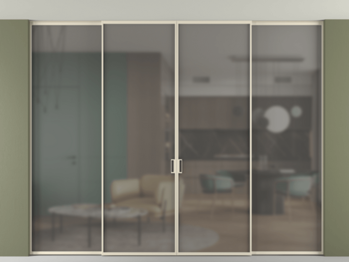 Перегородка Формато внутри проёма скрытое крепление в потолок 4 створки АЛПР 040.01 Алюминий бежево-серый Сатинированное серое стекло, триплекс Цена 615470 сом | Volhovec