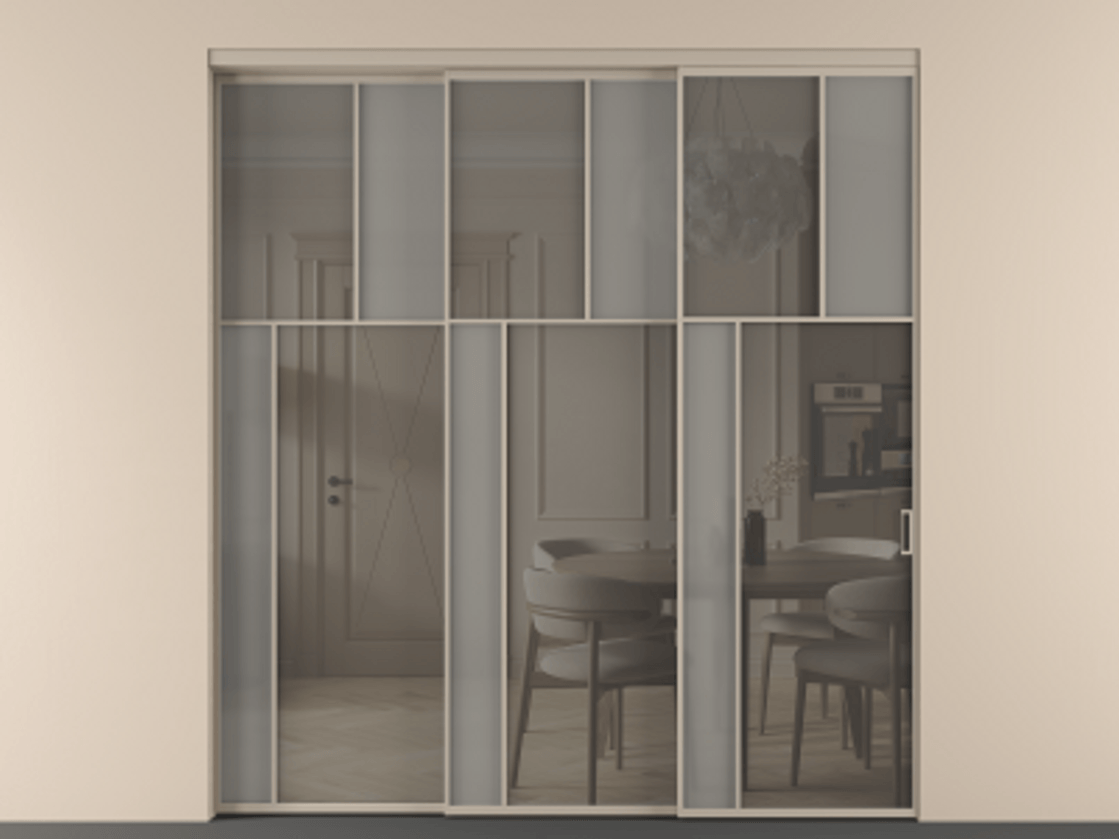 Перегородка Мозаик внутри проёма 3 створки с синхронным механизмом АЛПР 041.22 Алюминий бисквитный Сатинированное серое стекло, триплекс, 6 мм + Прозрачное серое стекло, триплекс Цена 636840 сом | Volhovec