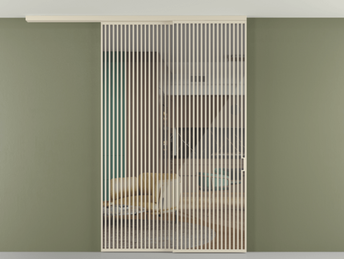 Перегородка Формато вдоль стены на потолок 2 створки с синхронным механизмом АЛПР 040.06 Алюминий бежево-серый Рефлективное прозрачное стекло "Стопсол", калёное Цена 790050 сом | Volhovec