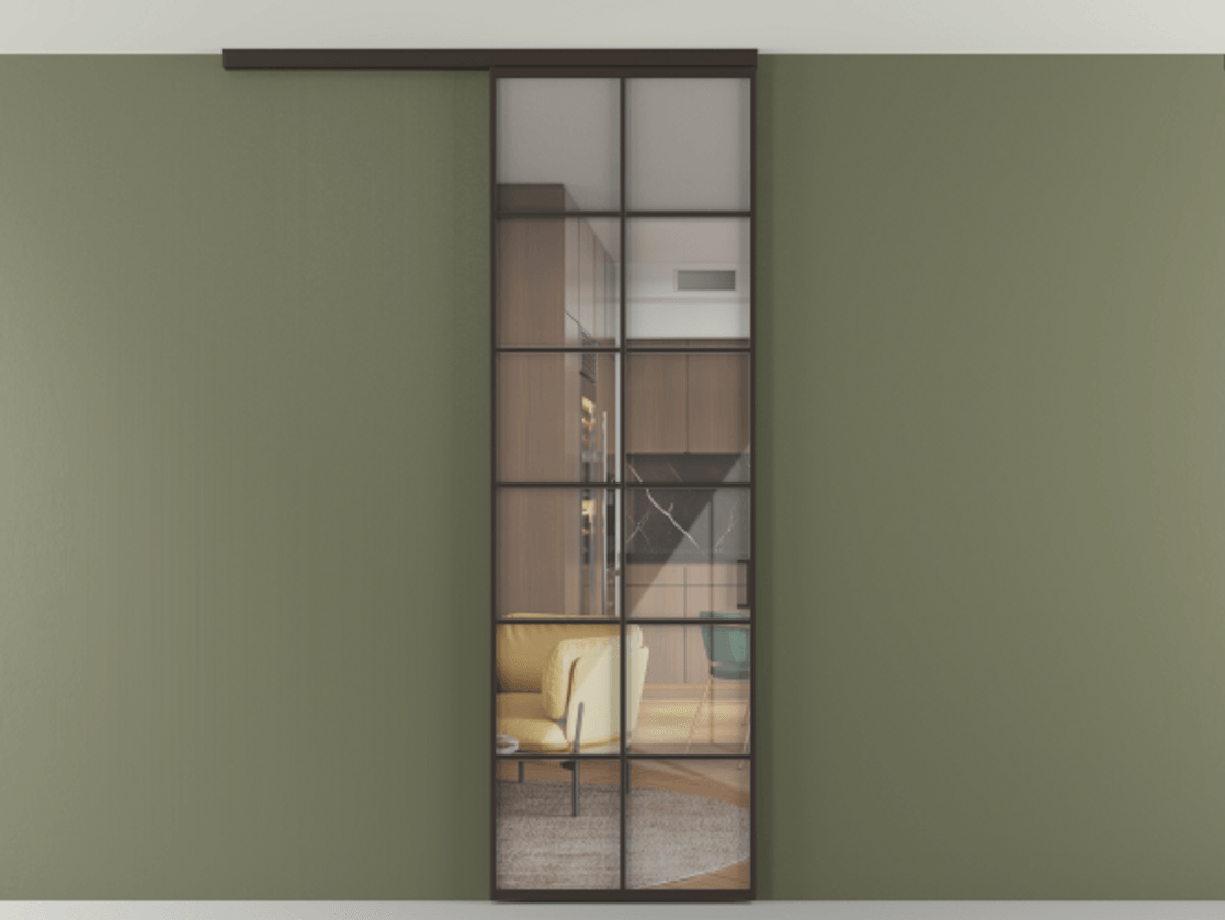 Перегородка Формато вдоль стены на потолок 1 створка АЛПР 040.05 Алюминий антрацит Рефлективное прозрачное стекло "Стопсол", калёное Цена 166351 сом | Volhovec