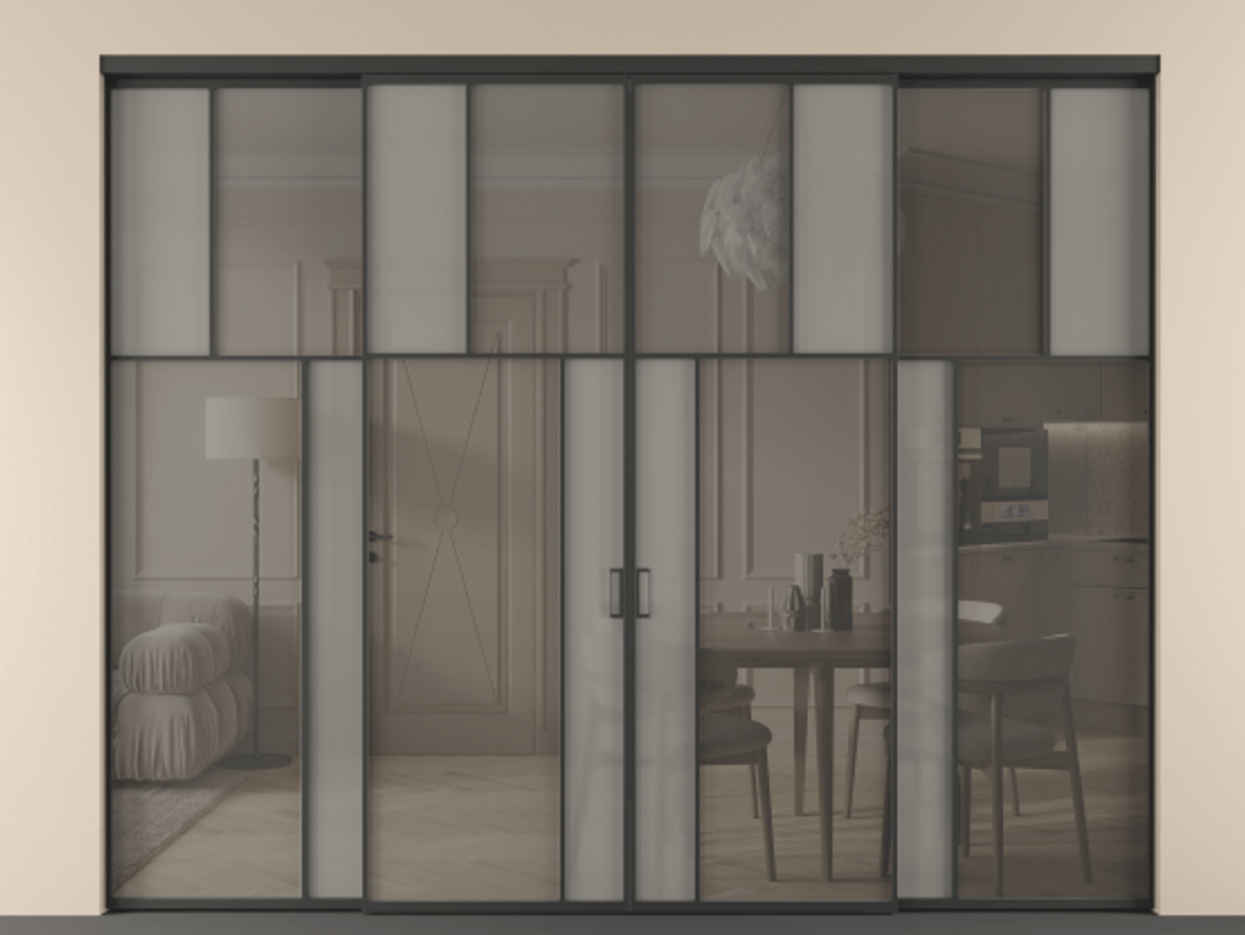 Перегородка Mosaic внутри проёма 4 створки АЛПР 041.22 Алюминий Черный Сатинированное серое стекло, триплекс, 6 мм + Прозрачное серое стекло, триплекс Цена 643490 сом | Volhovec