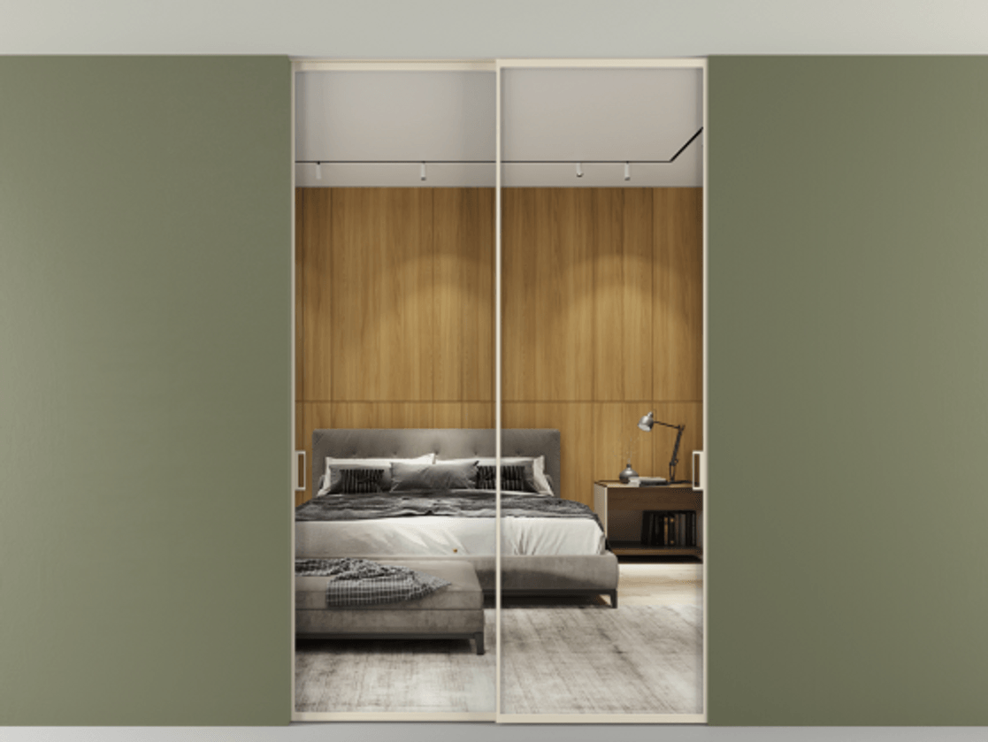 Перегородка Формато внутри проёма скрытое крепление в потолок 2 створки АЛПР 040.01 Алюминий бежево-серый Двустороннее зеркало, триплекс , триплекс 6 мм Цена 348430 сом | Volhovec