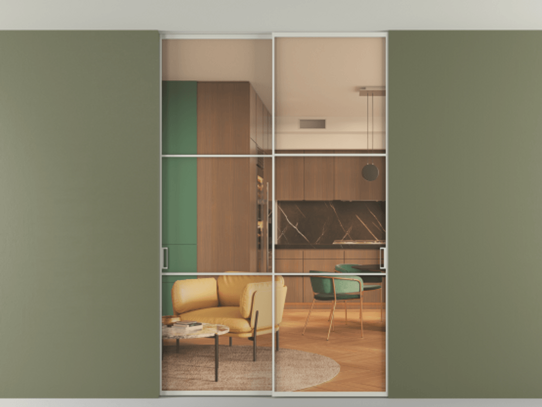 Перегородка Формато внутри проёма скрытое крепление в потолок 2 створки АЛПР 040.03 Алюминий тёплый серый Прозрачное оранжевое стекло, триплекс Цена 361400 сом | Volhovec