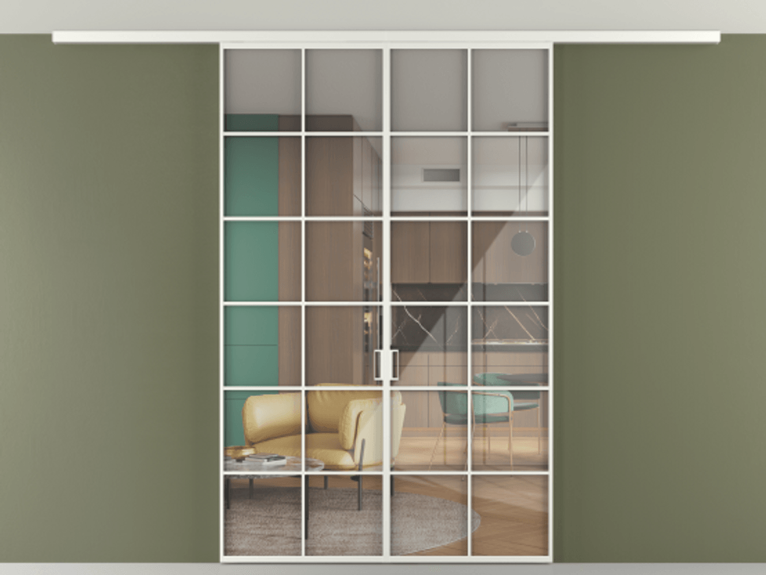 Перегородка Формато вдоль стены на потолок 2 створки АЛПР 040.05 Алюминий светло-серый Рефлективное прозрачное стекло "Стопсол", калёное Цена 380130 сом | Volhovec