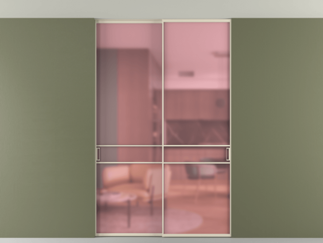 Перегородка Formato внутри проёма скрытое крепление в потолок 2 створки АЛПР 040.02 Алюминий бежево-серый Сатинированное розовое стекло, триплекс Цена 373430 сом | Volhovec