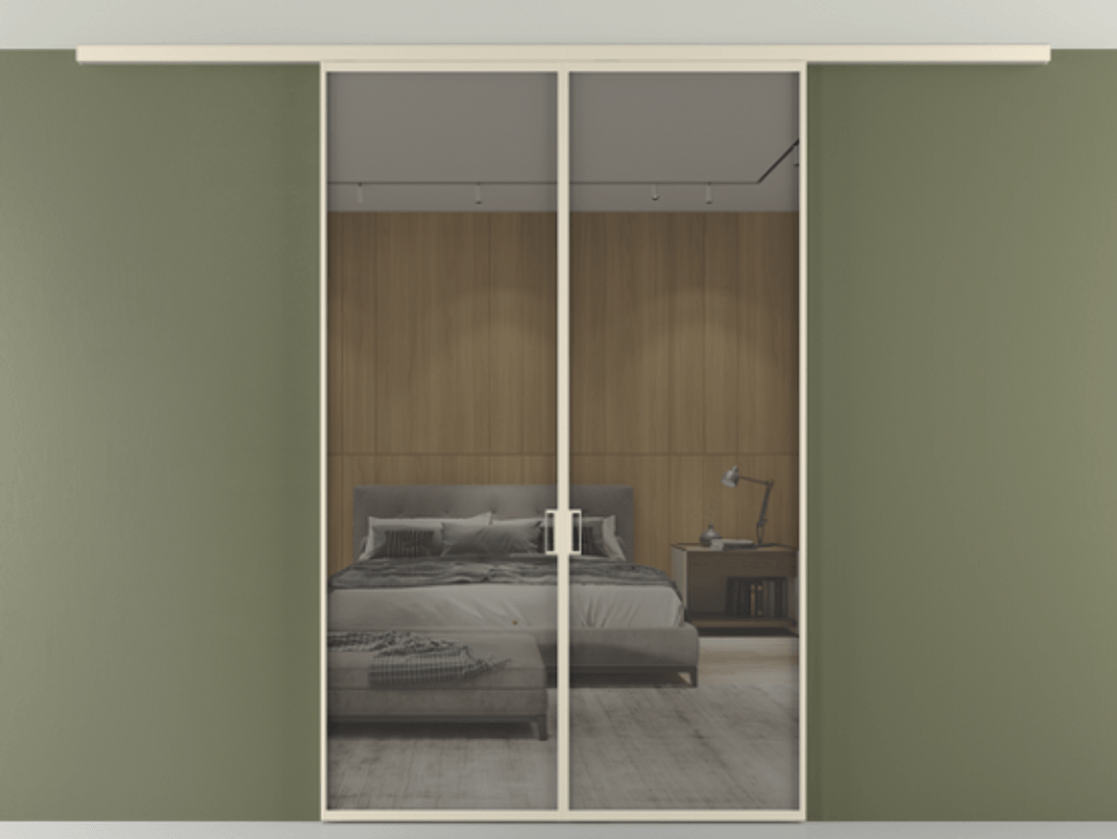 Перегородка Формато вдоль стены на потолок 2 створки АЛПР 040.01 Алюминий бежево-серый Рефлективное серое стекло "Стопсол", калёное Цена 337850 сом | Volhovec