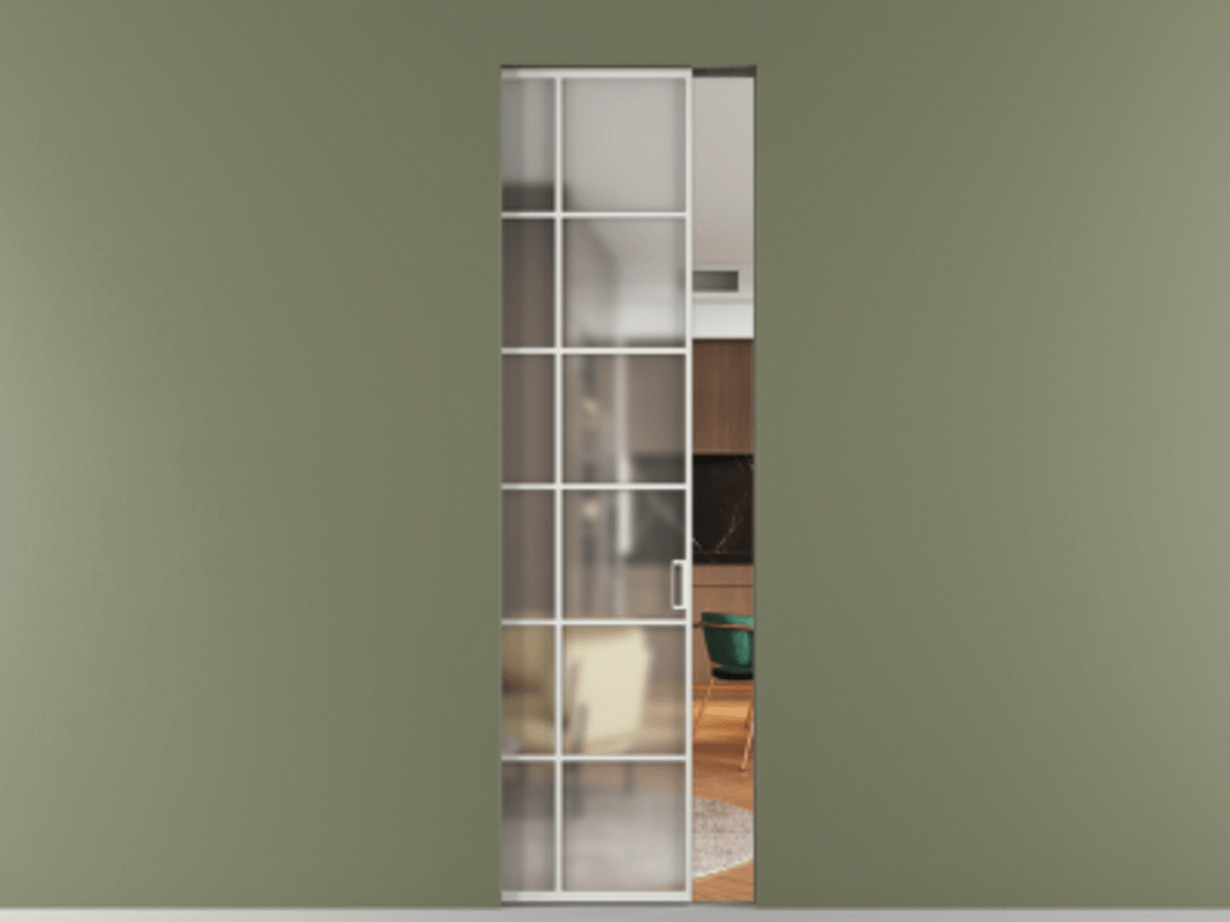 Перегородка Формато скрытый пенал 1 створка АЛПР 040.05 Алюминий светло-серый Сатинированное стекло "Мателюкс Кристал Вижн", калёное, матовое, каленое 6 мм Цена 244640 сом | Volhovec