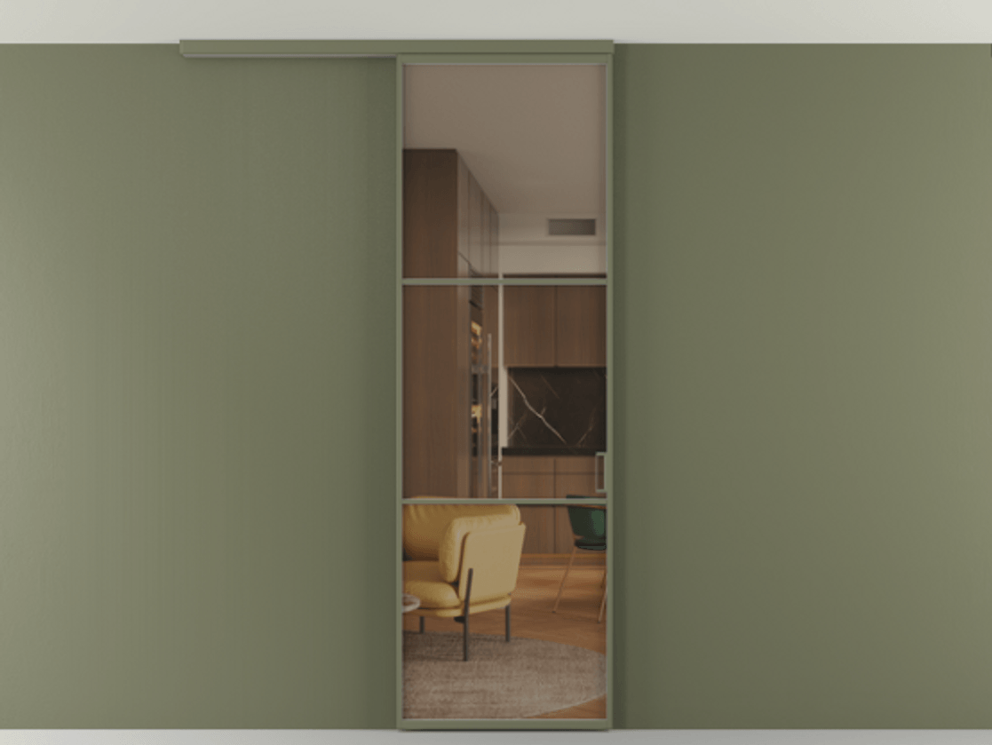 Перегородка Формато вдоль стены на потолок 1 створка АЛПР 040.03 Алюминий оливковый тёмный Прозрачное бронзовое стекло, триплекс Цена 147040 сом | Volhovec