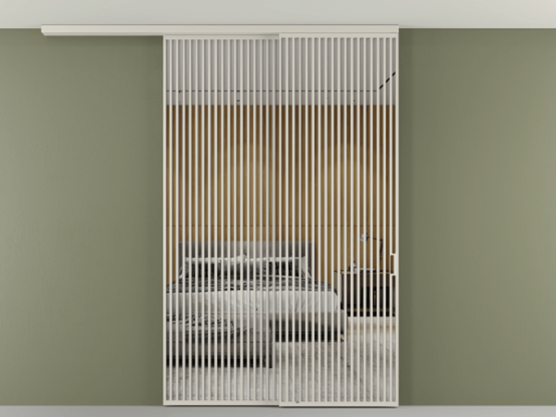 Перегородка Формато вдоль стены на потолок 2 створки с синхронным механизмом АЛПР 040.06 Алюминий облачно-серый Двустороннее зеркало, триплекс , триплекс 6 мм Цена 655860 сом | Volhovec