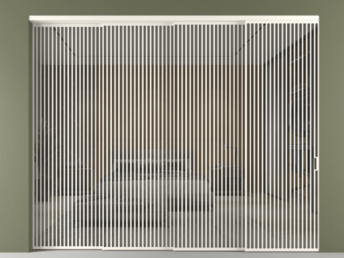 Перегородка Формато внутри проёма 4 створки с синхронным механизмом АЛПР 040.06 Алюминий пудровый белый Рефлективное серое стекло "Стопсол", калёное Цена 1169050 сом | Volhovec