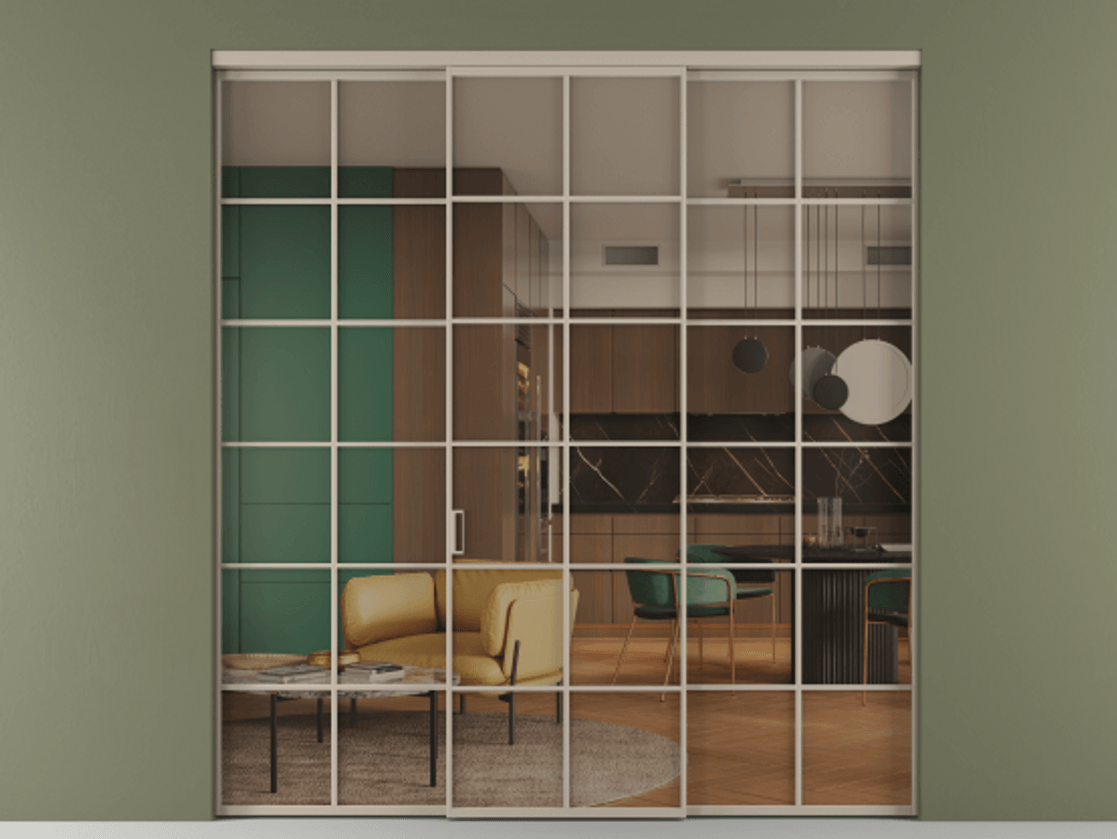 Перегородка Formato внутри проёма 3 створки АЛПР 040.05 Алюминий бисквитный Прозрачное бронзовое стекло, триплекс Цена 371030 сом | Volhovec