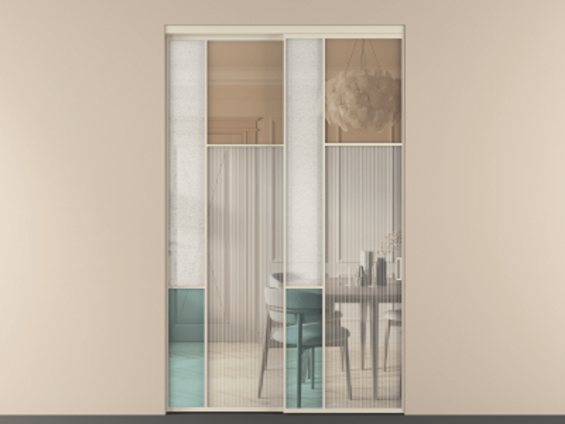 Перегородка Mosaic внутри проёма 2 створки АЛПР 041.11 Алюминий бежево-серый Комбинация стекол Группы 1 и Группы 3 Цена 102750480 so'm | Volhovec