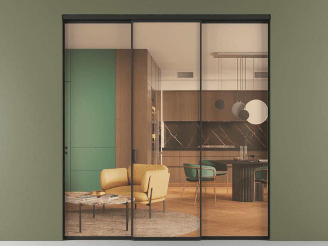 Перегородка Formato внутри проёма 3 створки АЛПР 040.01 Алюминий Черный Прозрачное оранжевое стекло, триплекс Цена 314900 сом | Volhovec