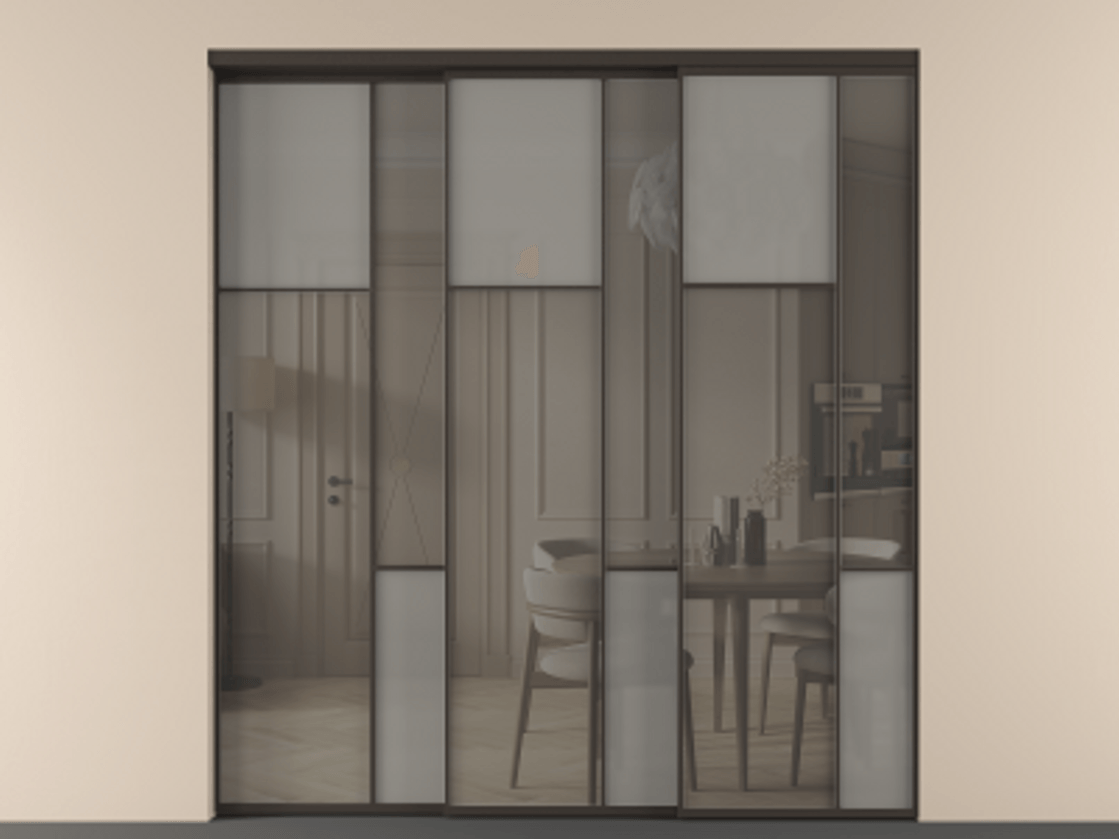 Перегородка Мозаик внутри проёма 3 створки с синхронным механизмом АЛПР 041.10 Алюминий антрацит Сатинированное серое стекло, триплекс, 6 мм + Прозрачное серое стекло, триплекс Цена 636840 сом | Volhovec