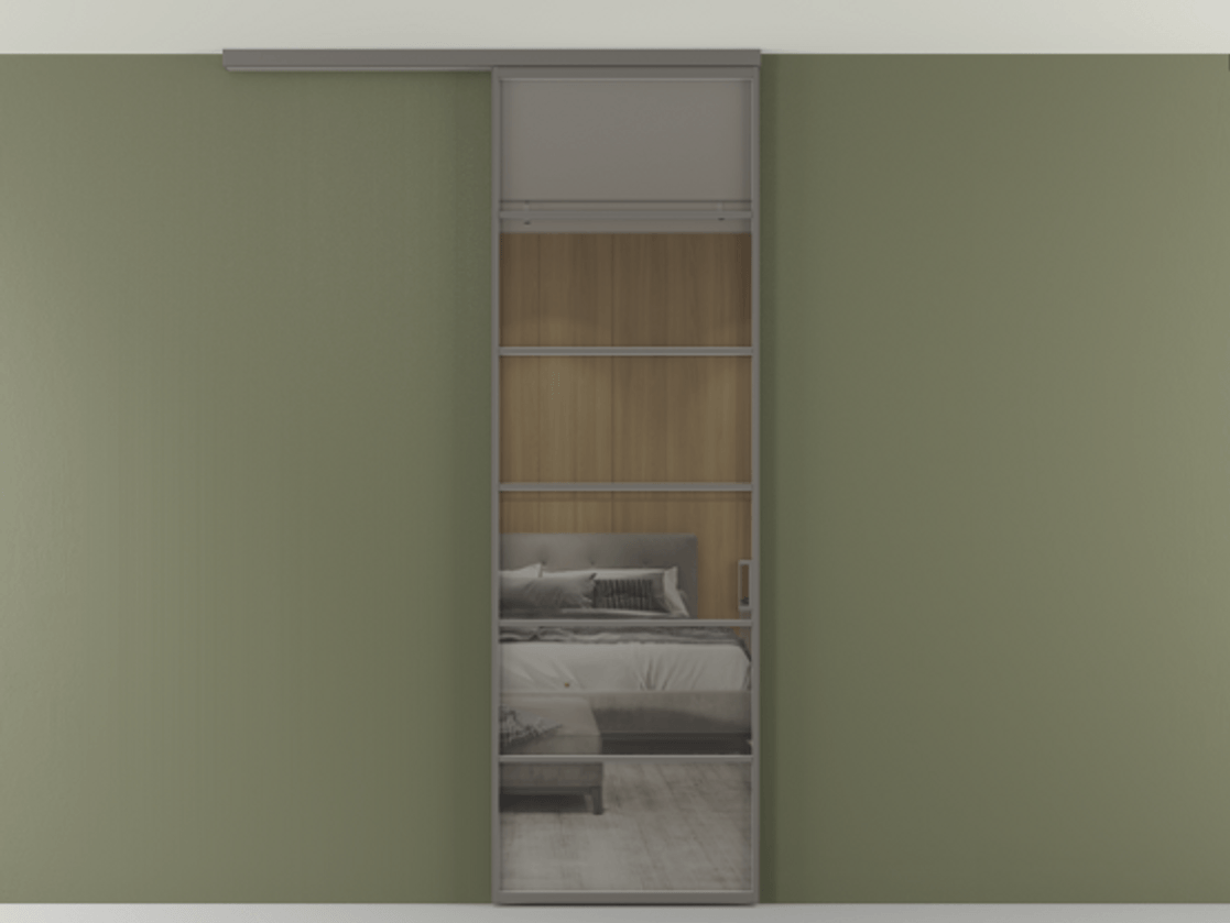 Перегородка Формато вдоль стены на потолок 1 створка АЛПР 040.04 Алюминий классический серый Рефлективное серое стекло "Стопсол", калёное Цена 166351 сом | Volhovec