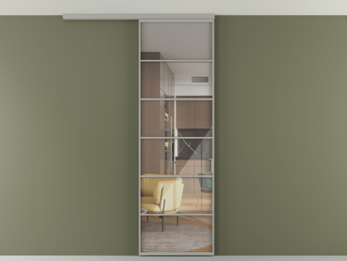 Перегородка Формато вдоль стены на потолок 1 створка АЛПР 040.04 Алюминий нейтральный серый Рефлективное прозрачное стекло "Стопсол", калёное Цена 166351 сом | Volhovec