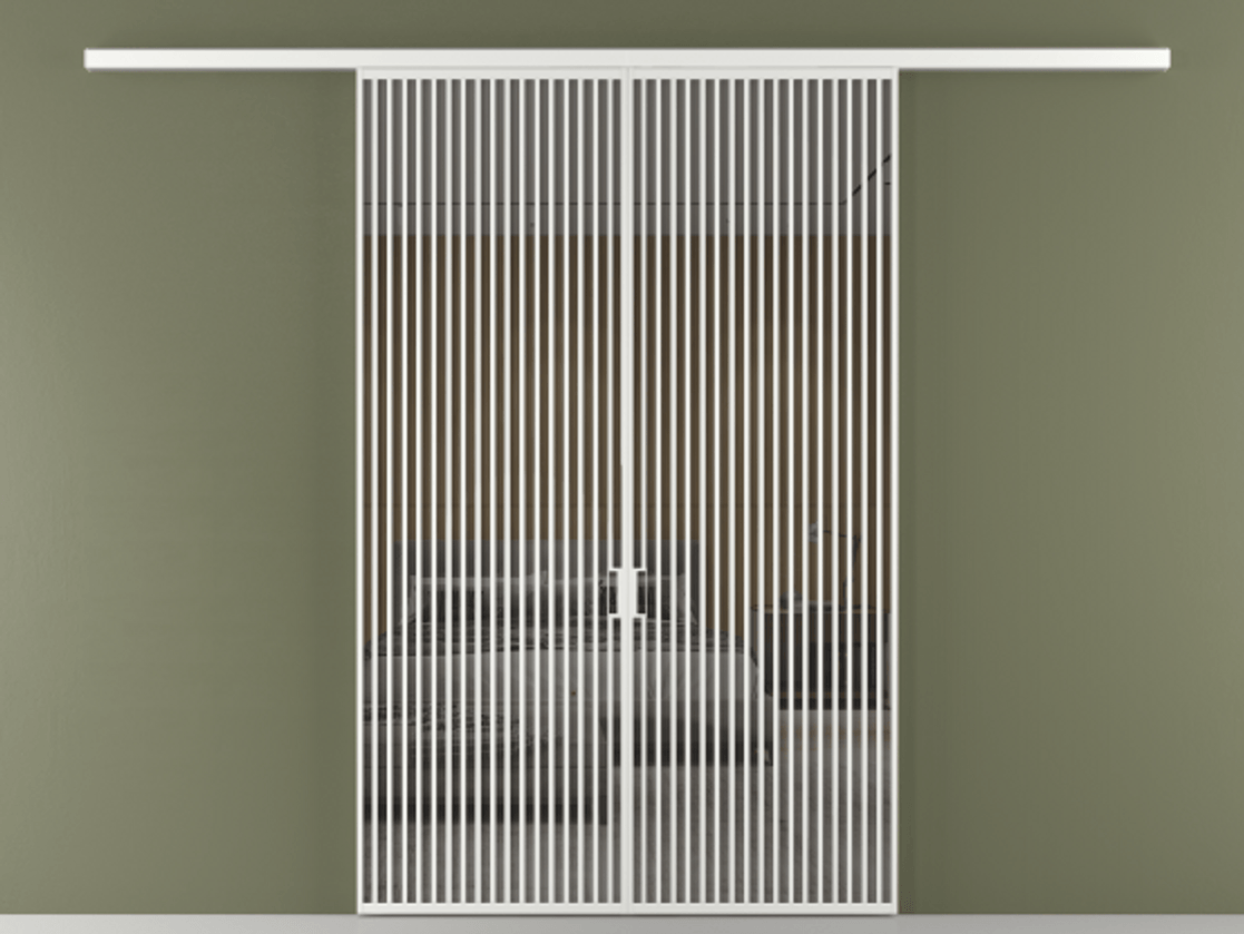 Перегородка Formato вдоль стены 2 створки АЛПР 040.06 Алюминий белоснежный Рефлективное серое стекло "Stopsol", калёное Цена 647920 сом | Volhovec