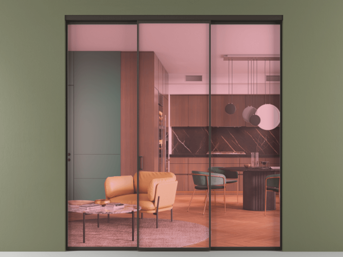 Перегородка Формато внутри проёма 3 створки АЛПР 040.01 Алюминий антрацит Прозрачное розовое стекло, триплекс Цена 225125 ₽ | Volhovec