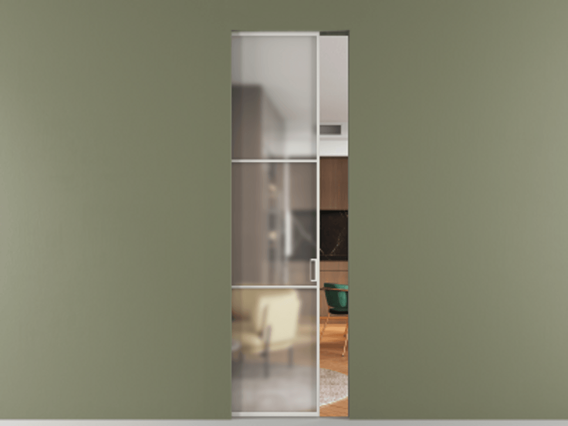 Перегородка Формато скрытый пенал 1 створка АЛПР 040.03 Алюминий серый Сатинированное стекло "Мателюкс Кристал Вижн", калёное, матовое, каленое 6 мм Цена 235550 сом | Volhovec