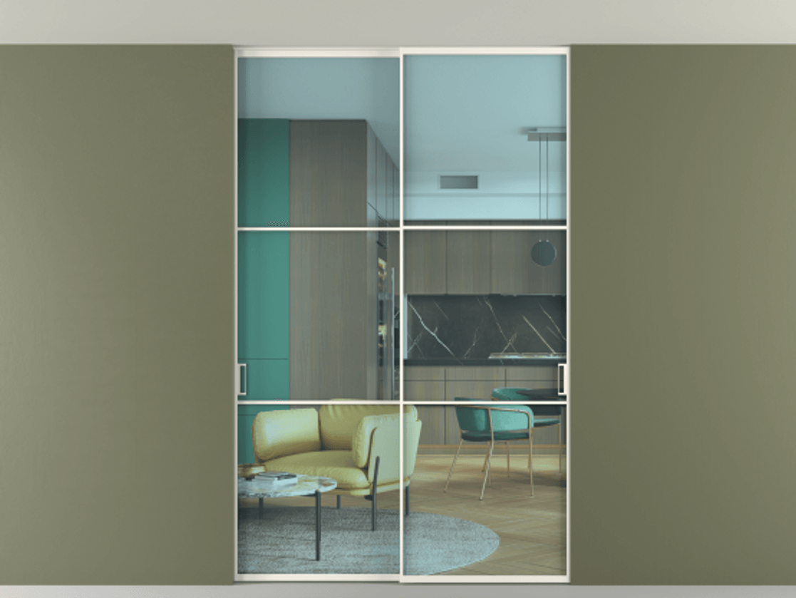 Перегородка Формато внутри проёма скрытое крепление в потолок 2 створки АЛПР 040.03 Алюминий пудровый белый Прозрачное голубое стекло, триплекс Цена 361400 сом | Volhovec