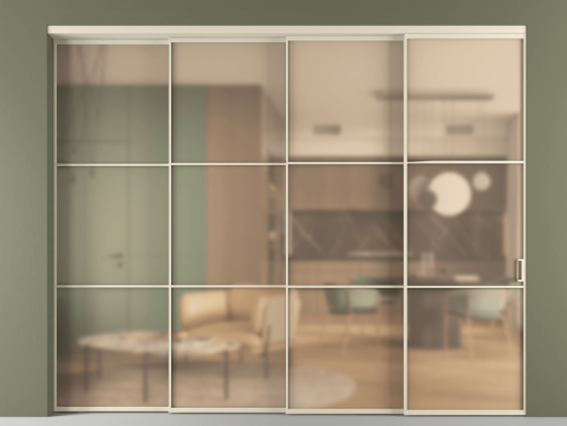 Перегородка Formato внутри проёма 4 створки с синхронным механизмом АЛПР 040.03 Алюминий бежево-серый Сатинированное оранжевое стекло, триплекс Цена 523800 ₽ | Volhovec