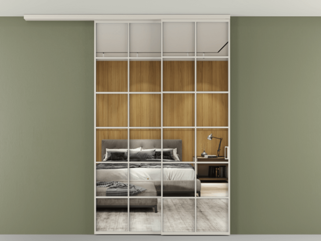 Перегородка Формато вдоль стены на потолок 2 створки с синхронным механизмом АЛПР 040.05 Алюминий облачно-серый Двустороннее зеркало, триплекс , триплекс 6 мм Цена 424720 сом | Volhovec