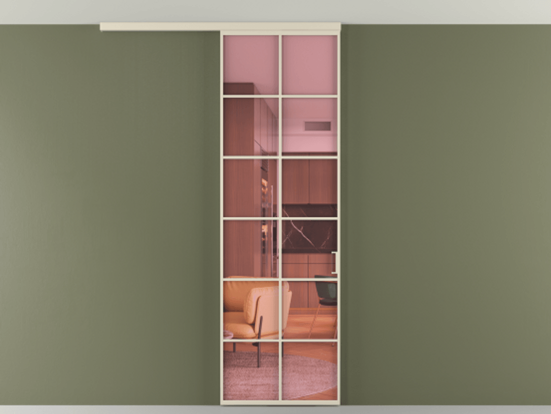 Перегородка Formato вдоль стены на потолок 1 створка АЛПР 040.05 Алюминий бежево-серый Прозрачное розовое стекло, триплекс Цена 107852 ₽ | Volhovec