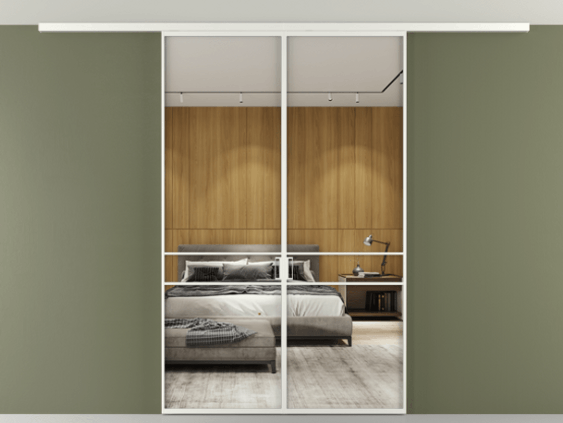 Перегородка Формато вдоль стены на потолок 2 створки АЛПР 040.02 Алюминий светло-серый Двустороннее зеркало, триплекс , триплекс 6 мм Цена 271710 сом | Volhovec