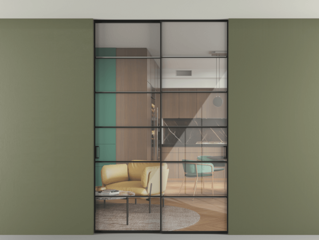 Перегородка Formato внутри проёма скрытое крепление в потолок 2 створки АЛПР 040.04 Алюминий Черный Рефлективное прозрачное стекло "Stopsol", калёное Цена 457010 сом | Volhovec