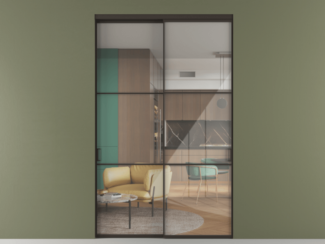 Перегородка Формато внутри проёма 2 створки АЛПР 040.03 Алюминий антрацит Рефлективное прозрачное стекло "Стопсол", калёное Цена 696400 сом  | Volhovec